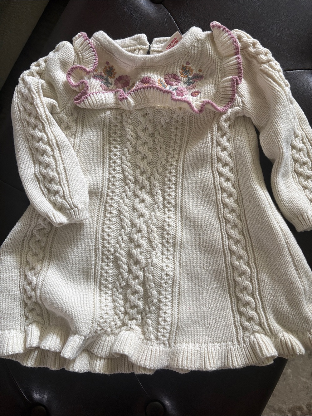Girls Cream Knit Ruffle Sweater Dress with Purple Trim for autumn/fall